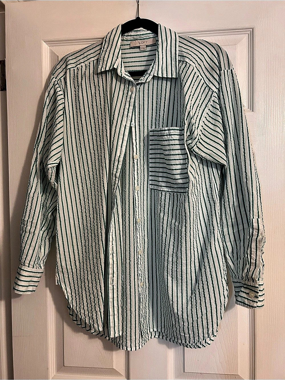 LOFT Striped Everyday Oversized Pocket Shirt Green & White Medium